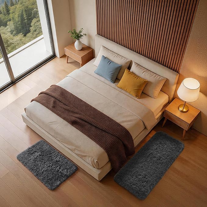 Ophanie Small Rug Washable Non Slip Throw Bedside Area Rugs, Fluffy Soft Mini Bedroom Carpet, 1.5x2.5 and 1.5x4 Rug Set, 2 Piece Grey