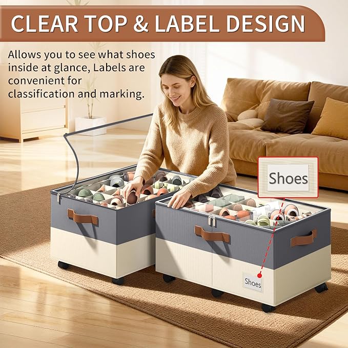 Shoe Organizer for Closet, 2 Pack Shoe Storage Organizer with Wheels and Adjustable Dividers, Shoe Storage Box with Clear Cover, Foldable Closet Shoe Organizer Fits up to 24-48 Pairs, Gray and Beige