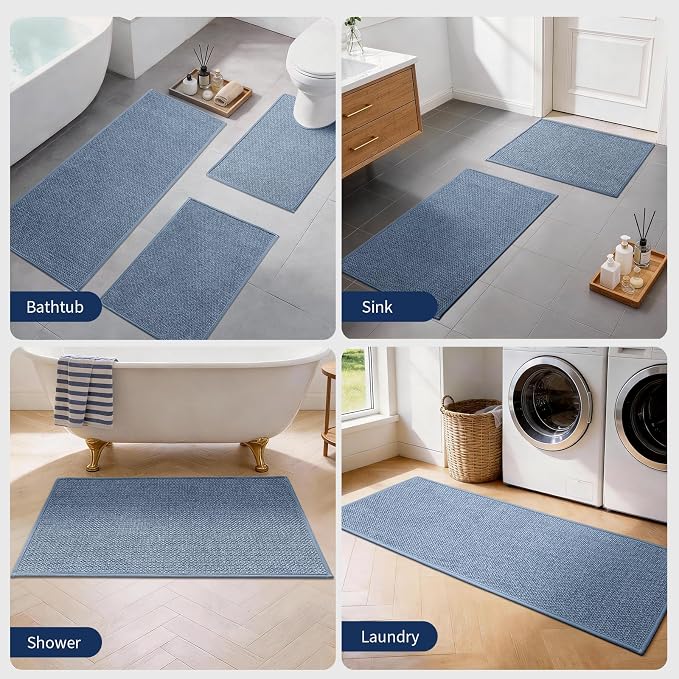 YIHOUSE Navy Blue Bathroom Rugs Sets 2 Piece, Quick Dry Thin Bath Mat with Toilet Rug, Non Slip Absorbent Machine Washable, Bath Rugs for Tub Sink Home Decor (17"x24" + 17.5"x24" U-Shaped)