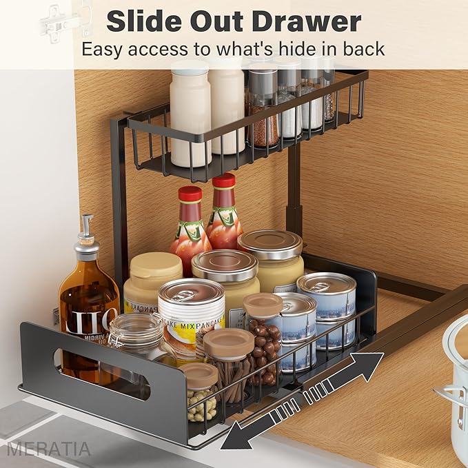 Under Sink Organizer 2 Tier, Pull Out Drawer Slides Under Sink Storage for Bathroom Kitchen,Multi-Purpose Drawer Under Cabinet Organizer for Cleaning Supplies (Black, 1 Pack)