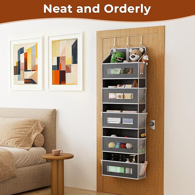 3 Pack 5 Tier Over The Door Organizer - Large Capacity Behind Door Hanging Shelves with 10 Mesh Pockets and Clear Windows, Closet Organizers and Storage for Bathroom, Bedroom, Nursery, Grey