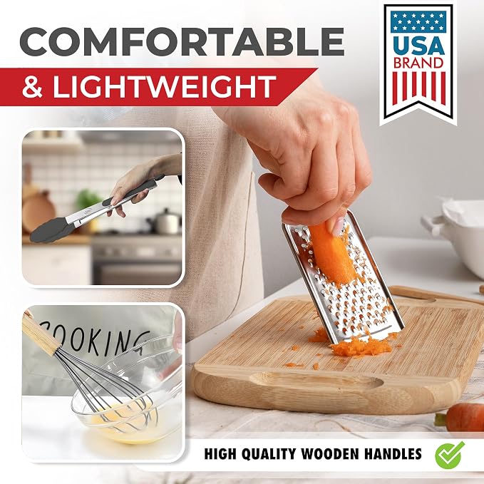 Kaluns 50 PCS Silicone Kitchen Utensils Set Complete Kitchen Set - 800°F Heat Resistant Non-Stick Premium Silicone Cooking Utensils W Wooden Handles - Can Opener, Masher, Turner, Silicone Spatula Set