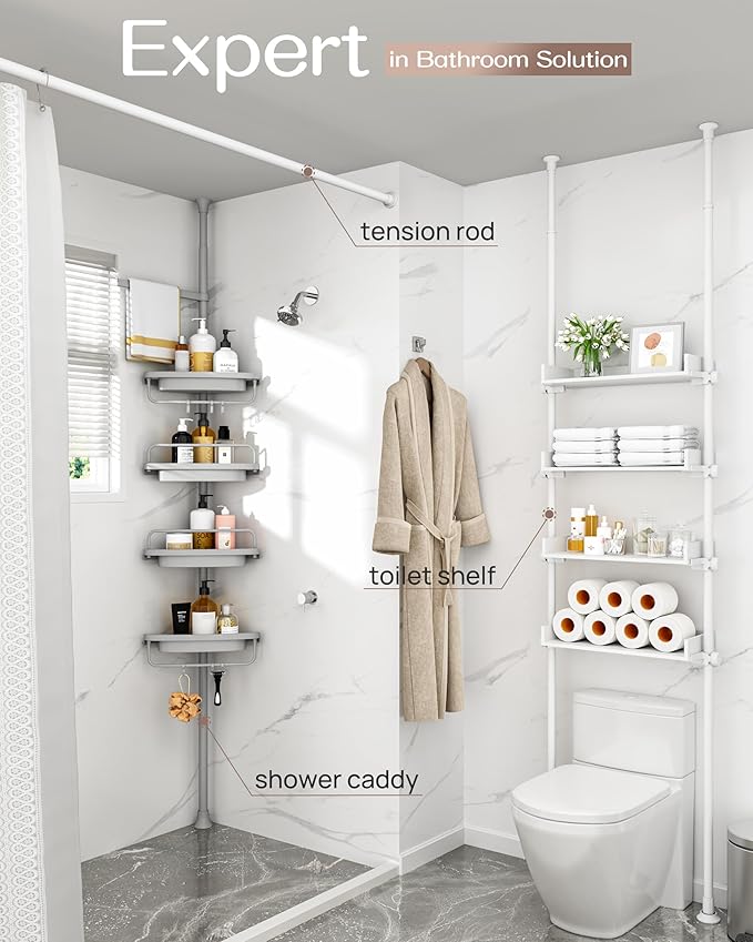 ALLZONE Corner Shower Caddy Tension Pole, Extendable Rustproof Stainless Steel Pole & 4-Tier Adjustable Shelves for Easy Drainage and Built-to-Last Stability, 34 to 116 Inches, Grey