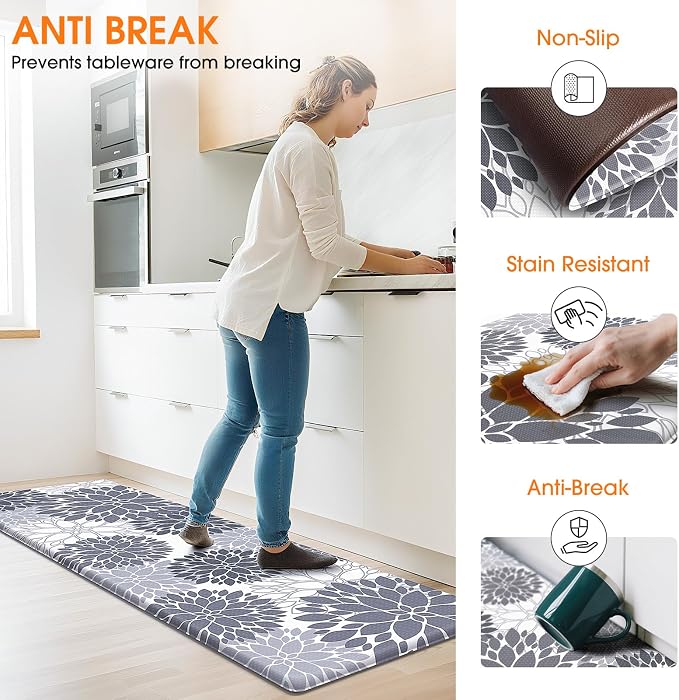 StepLively Kitchen Mats for Floor 2PCS, Anti Fatigue Mats for Kitchen Floor, Kitchen Accessories for Sink, Office, Laundry, 17.3"×30"+17.3"×47", White and Grey