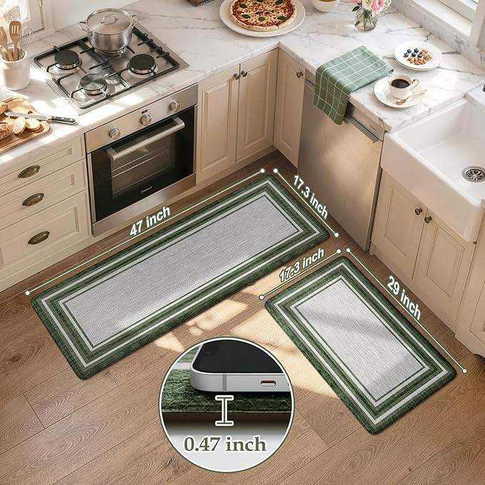 KIMODE Kitchen Mats Cushioned Anti Fatigue, Farmhouse Kitchen Rugs Sets of 2, Non Slip Kitchen Mats for Floor, Comfort Dark Green Kitchen Floor Mats for Home Decor Sink Laundry Desk 17"x47"+17"x29"