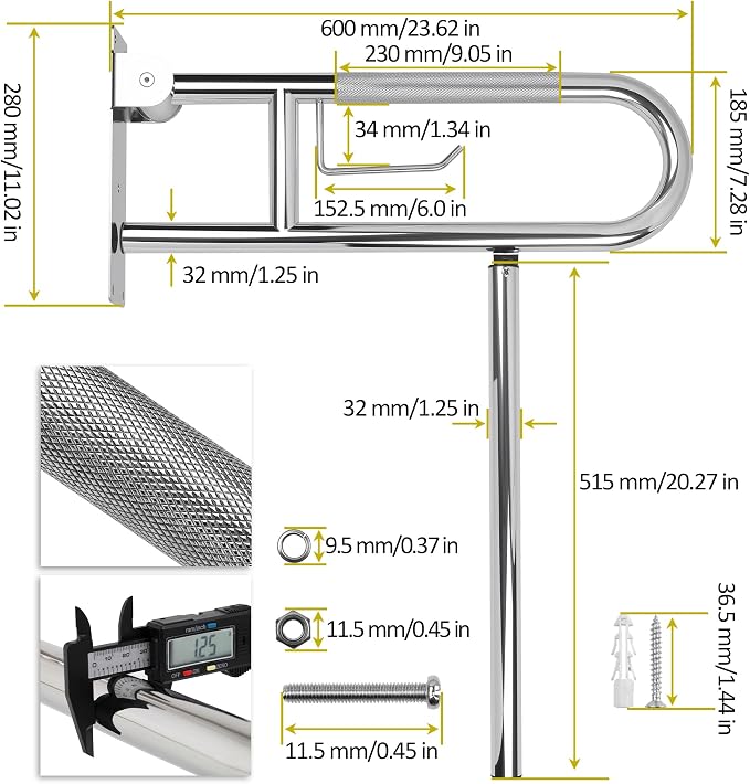 Handicap Grab Bar,23.6 Inch Stainless Steel 1.25" Diameter Toilet Safety Rails for Bathroom with Paper Holder, Anti-Slip Flip-Up Support Rail for Seniors Elderly