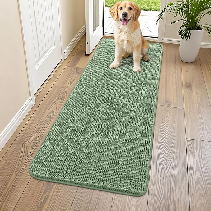 Smiry Dog Door Mat for Muddy Paws 59x24, Absorbent Dirt Trapper, Non-Slip Washable Chenille Entryway Rug for Inside Floor, Olive Green, Classic Solid