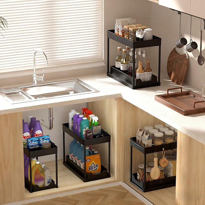 Under Sink Organizers 2 Pack, Pull-Out Sliding Cabinet Organizer with 2-Tier Storage Shelf & 4 Hooks, Multi-Purpose for Kitchen & Bathroom (13 Inch, Black)