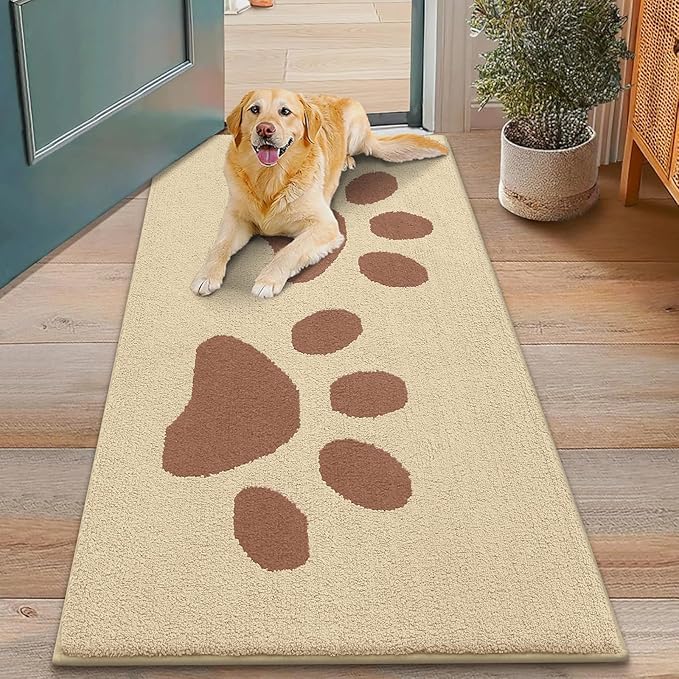 Smiry Dog Door Mat for Muddy Paws, Absorbs Moisture and Dirt, Low-Profile Entryway Mat with Non-Slip Backing, Entry Indoor Outdoor Doormat for Inside Floor (48x30 Inches, Light Beige, Paw)