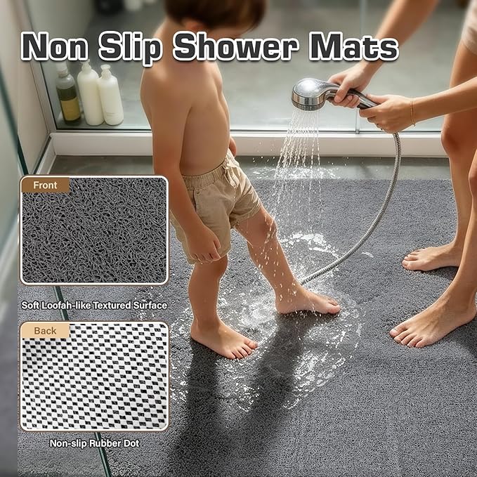 58x44 Extra Large Shower Mat, Non Slip Shower Mats for Inside Shower, Bathtub Mat Non Slip, Soft PVC Loofah Anti Slip Shower Stall Mat for Bathroom & Wet Area, Quick Drying, Grey