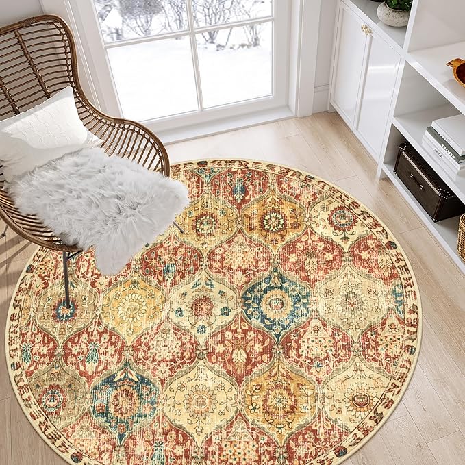 Lahome Moroccan Trellis Washable Round Area Rug, Round Rug 5ft Soft Non-Slip, Non-Shedding Distressed Circle Carpet for Bedroom Living Room Bathroom Nursery Kitchen Elise, Red/Orange