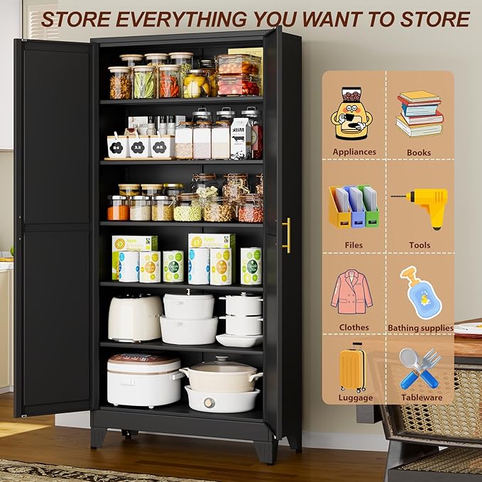 75" Black Tall Metal Garage Storage Cabinet with 2 Doors and 5 Adjustable Shelves,Kitchen Pantry Cabinet,File Cabinet,Steel Tool Cabinet for Home,Office,Garage,School,Warehouse