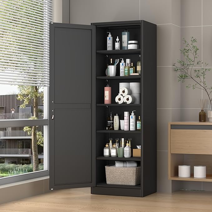 Ckzbx Metal Locker Tall Narrow Storage Cabinet, 67" H Locking Tool File Cabinets Snack Locker Organizer for School Classroom,Bedroom,Gym Home Office,Entryway and Hallway (20" W 1Door Black)