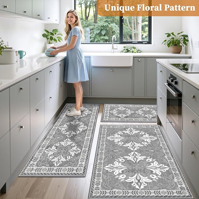 Kitchen Rugs Set of 3, Non-Slip & Washable Floor Mats, Water-Absorbent Area Pad, Standing Desk Mat for Office, Home, Doorway, Laundry, Kitchen Accessories (Light Grey)