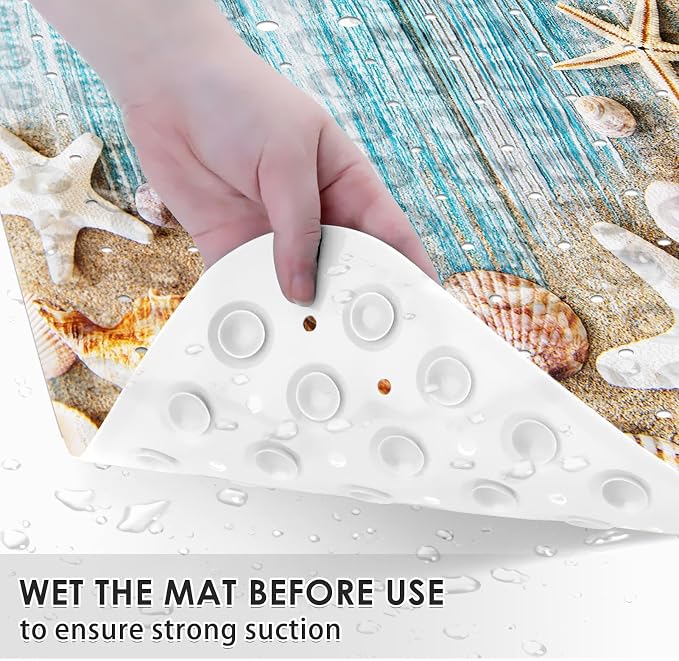 Seashells Summer Bath Mat Non Slip, Space Beach Wood 40 X 16 Inch Extra Long Bathtub Shower Mat for Tub Anti Slip with Suction Cups and Drain Holes for Kids Adults Elderly