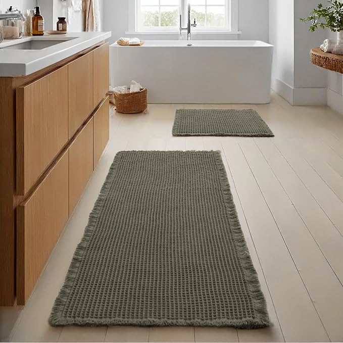 JIUZHEN Set of 2 Waffle Bath Mats Non Slip Waffle Bathroom Runner Rug Washable Boho Runner Bath Rugs Super Absorbent Shower Mat for Bathroom Kitchen Hallway Laundry, 16" x 24" +24" x 60", Olive Green