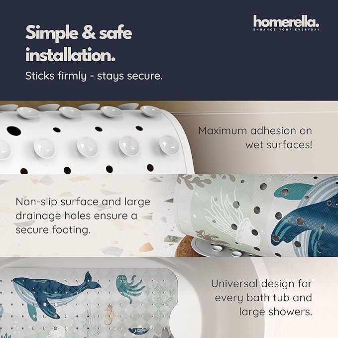 Bathtub Mat Non Slip Anti Mold for Kids 40x16 - homerella® Bath Mat for Tub, BPA Free, Incl. 2 Hooks, Washable Shower Mat Non Slip Anti Mold, Shower Mats for Inside Shower, EU Certified
