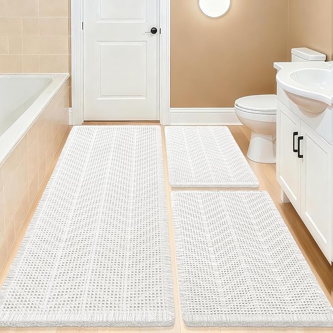 Upgrade Waffle Bath Mat Set 3 Piece, Boho Bathroom Rugs Absorbent Non Slip, Soft Bathroom Mats, Machine Washable Knit Bath Rugs with Herringbones for Bathroom, Bedroom, Kitchen, Shower, Tub, White