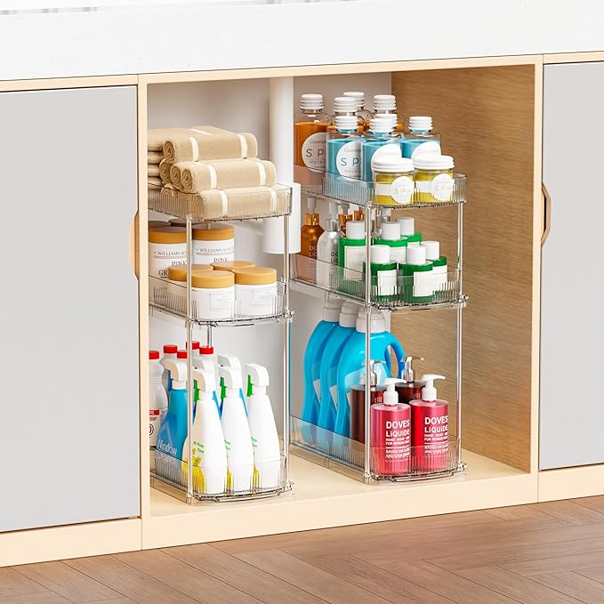 2 Pack 3 Tier Large Pull Out Bathroom Organizers and Storage,13.8″ Deep Sliding Kitchen Under Sink Organizer for Cleaning Products Storage,Acrylic Clear Bathroom inder Sink Organizer,Undersink Storage