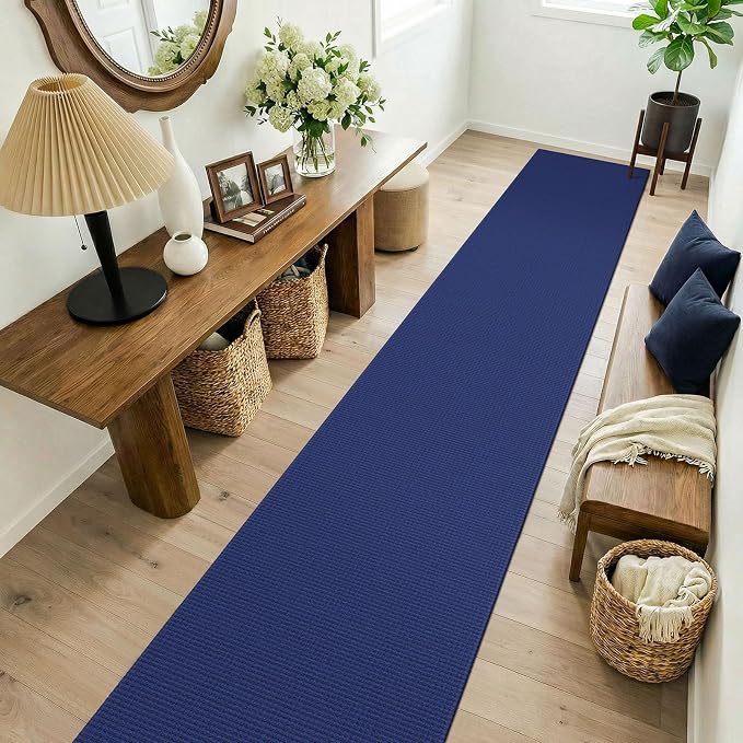 KOZYFLY Cotton 2x14 Runners Rugs for Hallway, Long Washable Runner Rug, Woven Non Slip Kitchen Runner, Flatweave Entryway Rug, Floor Carpet for Entry, Aisle, Hall, Royal Blue/Navy