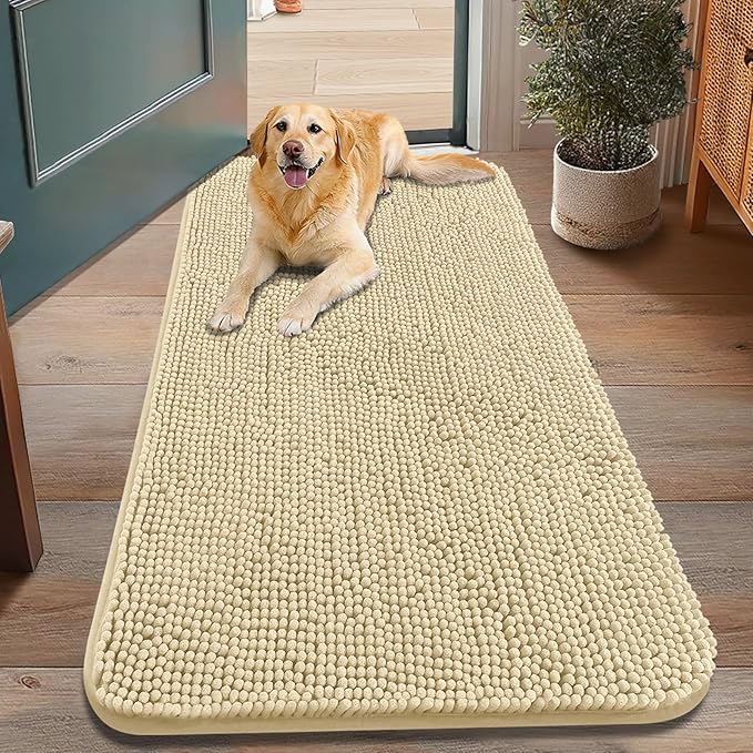 Smiry Dog Door Mat for Muddy Paws 48x30, Absorbent Dirt Trapper, Non-Slip Washable Chenille Entryway Rug for Inside Floor, Cream White, Classic Solid