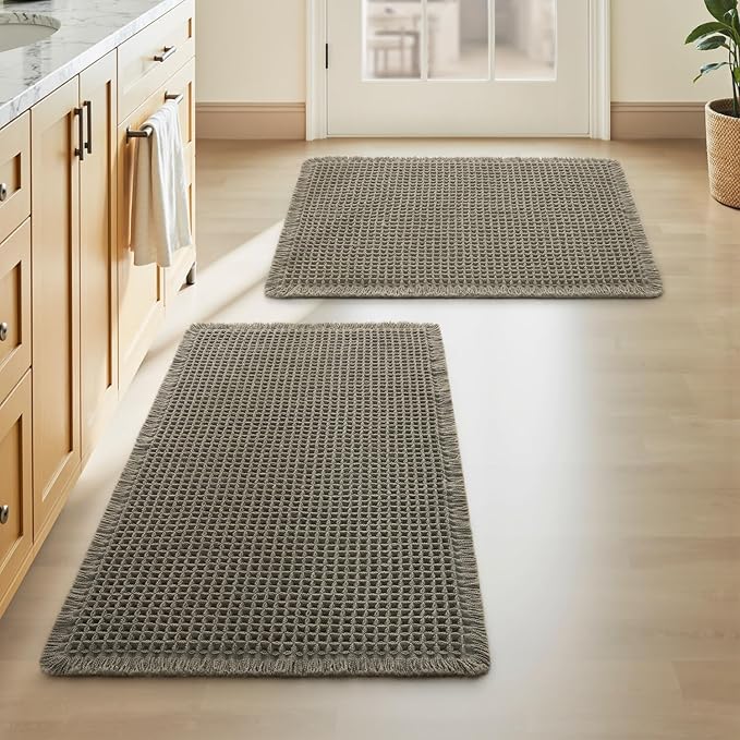 Upgraded Waffle Bath Mats Set of 2, Super Absorbent Non Slip Bath Mats for Bathroom Floor, Washable Boho Bathroom Rugs Set 2 Piece with Tassels, Soft Bathroom Mat Set, 18" x 30" (2 Pack), Green