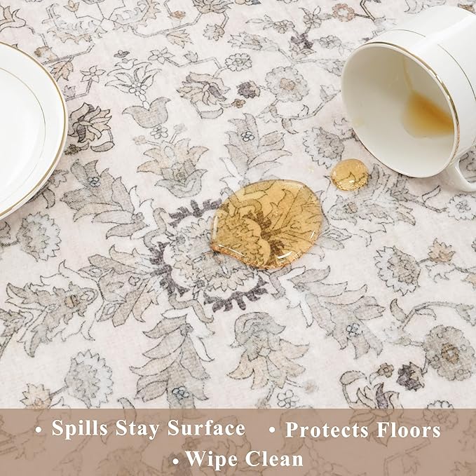 3x4 Entryway Rug Washable Non-Slip–Boho Floral Stain-Resistant Small Area Rug for Kitchen Bedroom Bathroom – Soft Low-Pile Thin Indoor Door Mat (Beige,3x4)