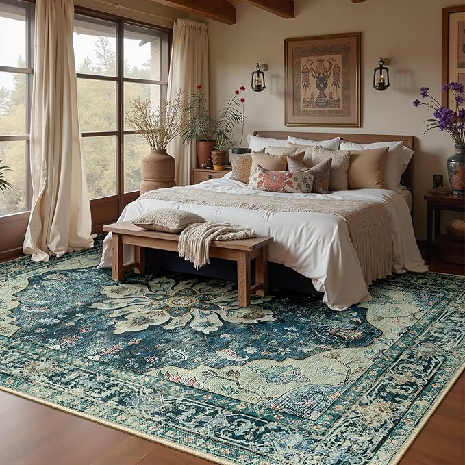 RELEANY Area Rugs Large 9'x12' Washable Non-Slip, Floral Vintage Distress Medallion Carpet for Living Room Bedroom Dining Room, Dark Blue Vintage