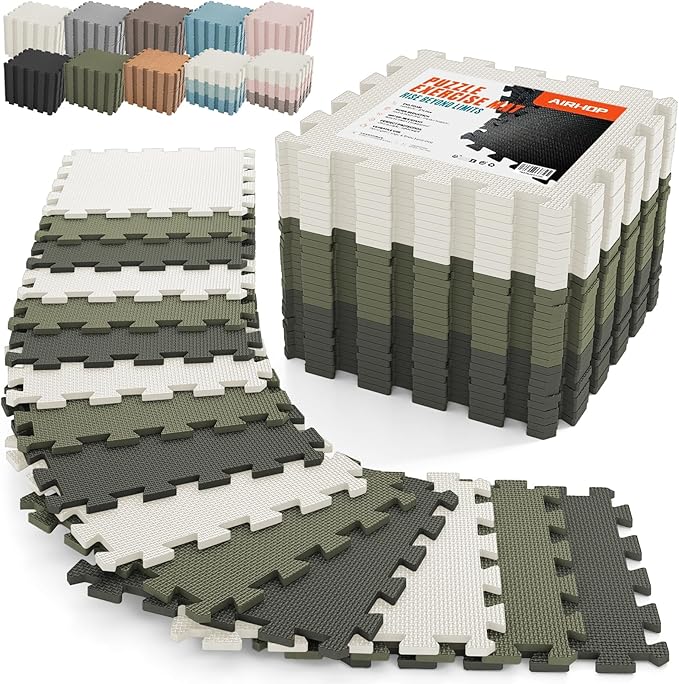 AIRHOP 18 PCS Gym Floor Mat, EVA Foam Puzzle Gym Mat, High-Density Interlocking Foam Floor Tiles for Home Gym, Play Workout Garage Kitchen Flooring 12.6"x12.6"x0.4"