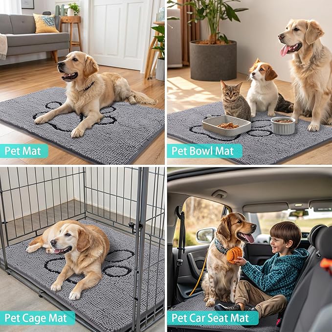 Smiry Dog Door Mat for Muddy Paws, Absorbent Dirt Trapper Non Slip Quick Dry Washable Chenille Mat for Mud Dogs, Entry Rug for Indoor and Outdoor (34x21 Inches, Grey and Black)