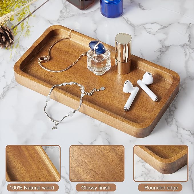 ALELION 8" Acacia Wood Bathroom Vanity Tray for Counter - Dresser Top Tray for Perfume Jewelry Candle Key Catchall - Small Kitchen Countertop Organizer for Soap Dispenser and Sponge Holder