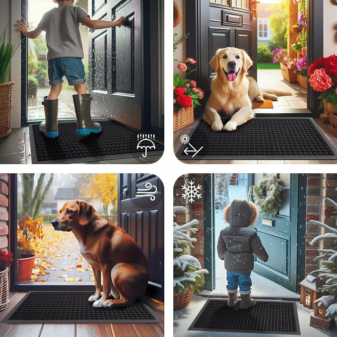 Smiry Front Door Mat Outside Entrance, Heavy Duty Natural Rubber Doormat, Non Slip, Trap Dirt and Moisture, Easy Clean, Low Profile Welcome Floor Mats for Indoor Outdoor Entry, 47x32 Inch, Black