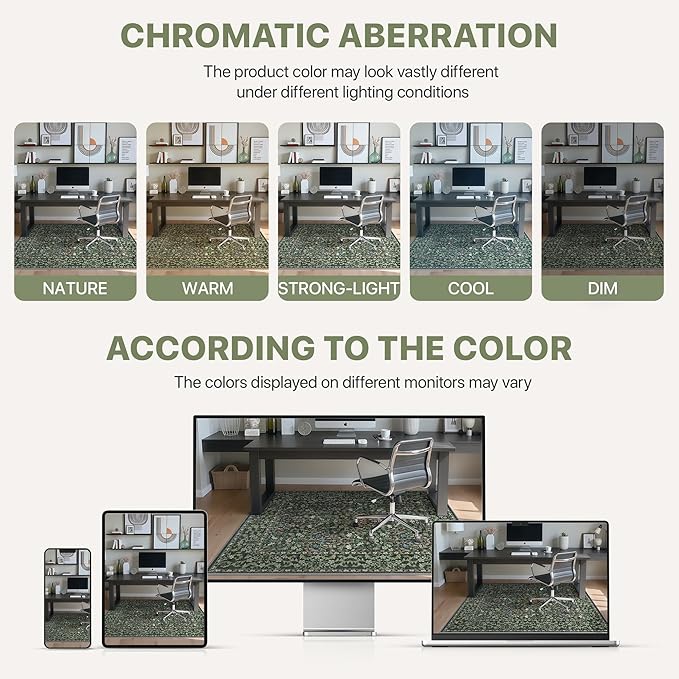 48"x72" Office Chair Mat for Hardwood Tile Floor, Under Desk Carpet Protector for Rolling Computer Chair Mat, Machine Washable Area Rug, Anti-Slip 1/5" Thick Low Pile Thin Vinyl Floor Mat, Moss Green