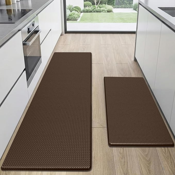 Kitchen Mats for Floor 2 Piece - 17"x29"+17"x59" Anti Fatigue Mats for Kitchen Floor - Non Slip Cushioned Rugs for Standing - Brown