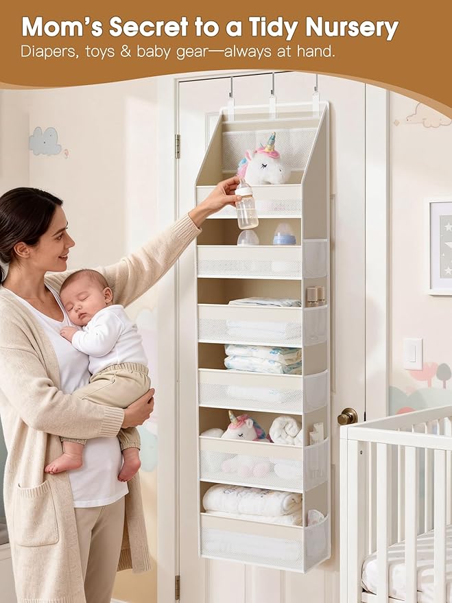 Criusia 2 Pack Over the Door Organizer, 6-Shelf Closet Hanging Storage with 13 Mesh Pockets, 55lbs Capacity Behind the Door Storage for Baby Nursery, Bathroom, Bedroom, and Dorm, Beige