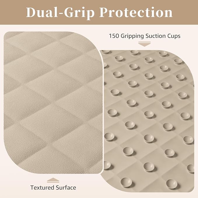 Yolife Bathtub Shower Mat Non Slip, Natural Rubber Bath Tub Floor Liner Mats with Strong Suction Cups for Inside Shower Bathroom, Machine Washable, Soft on Feet, 27.5 x 17 Inch, Brown