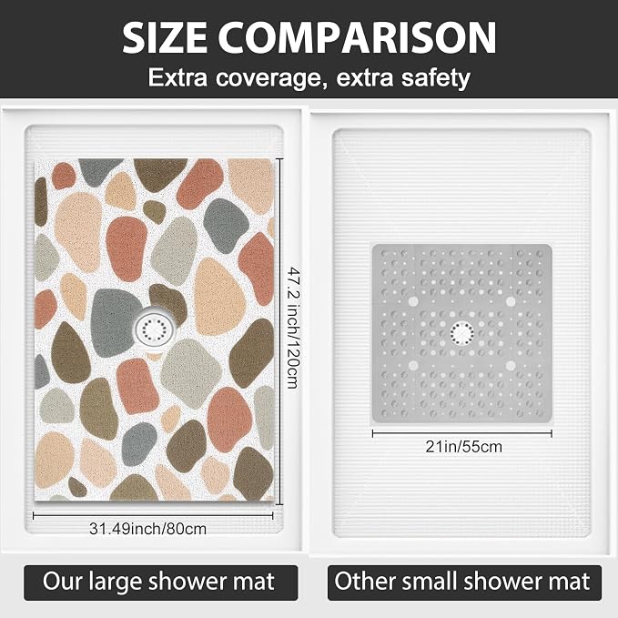 Non Slip Shower Mat: 47.2x31.5 Inch Extra Large Shower Mats for Inside Shower with Drain Hole in Middle - Soft PVC Loofah Anti Slip Shower Floor Mat for Standing and Walk-in Shower, Quick Drying