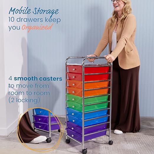 ECR4Kids 10-Drawer Everyday Mobile Storage Utility Cart, Craft Organizer, Assorted