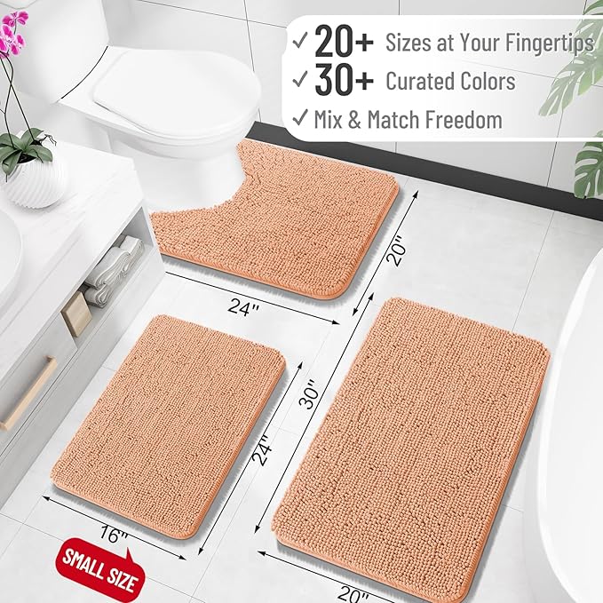 OLANLY Toilet Rugs U-Shaped 24x24, Extra Soft Absorbent Chenille Contour Bathroom Rugs for Toilet, Dry Quickly, Machine Washable, Non-Slip Bath Mat, Peach