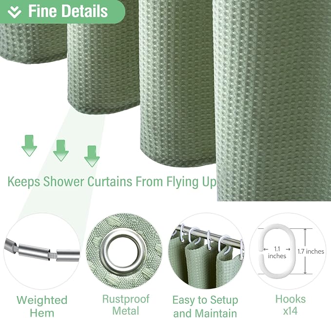 Dynamene Extra Wide Shower Curtain - 84 Inch Wide Waffle Weave Weighted Thick Cloth Bathroom Shower Curtain, Neutral Heavy Duty Hotel Bath Curtain Set with 14 Plastic Hooks, 84x72, Sage Green