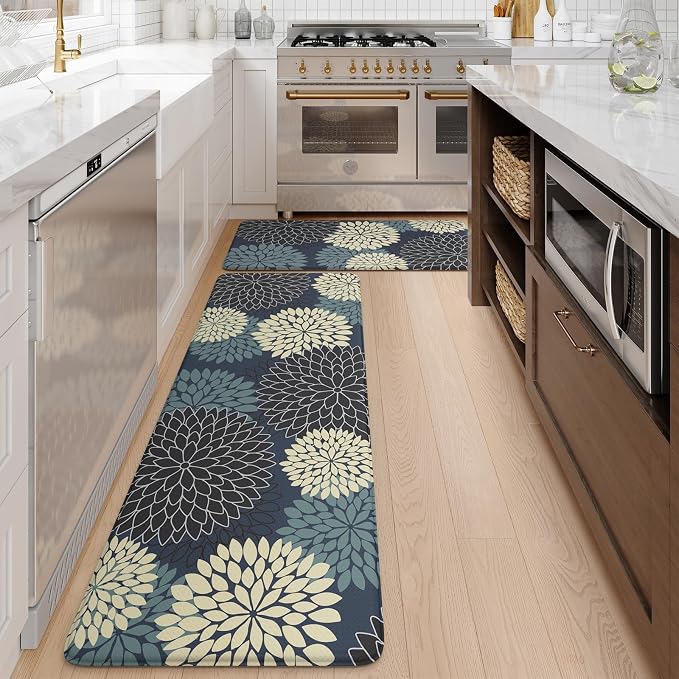KIMODE Padded Anti Fatigue Rug Sets of 2, Ergonomic Standing Kitchen Rugs 2PCS, Boho Dahlia Kitchen Mats for Floor 2 Pieces Stain Resistant, Non Slip Kitchen Sink Floor Mat, 20"x32"+20"x47", Blue