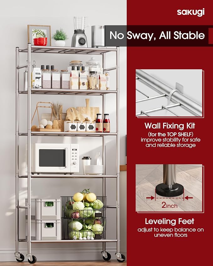 Sakugi Storage Shelves Organizer - 5 Tier Metal Shelf Organizer with Metal Wheels and Adjustable Leveling Feet, Heavy Duty Garage Shelving for Kitchen, Pantry and Closet, 33.1"x12.6"x73.5", Sliver