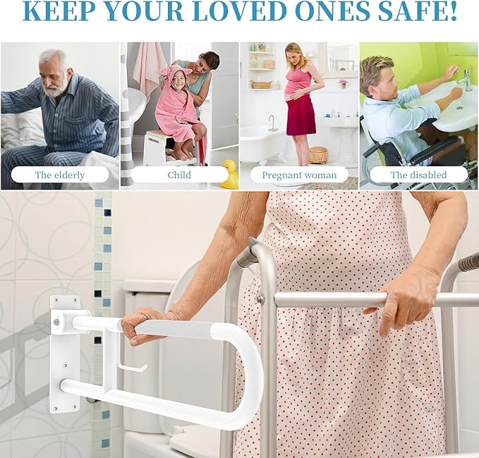U Shaped Toilet Grab Bar 32 Inch, Munzong White Anti-Slip Support Rail, Flip-Up Bathroom Grab Bar with Paper Holder, Stainless Steel Knurled Handicap Safety handrails for Elderly Disabled Pregnant