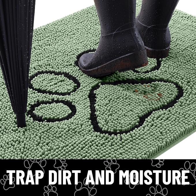 Smiry Dog Door Mat for Muddy Paws, Absorbent Dirt Trapper Non Slip Quick Dry Washable Chenille Mat for Mud Dogs, Entry Rug for Indoor and Outdoor (48x30 Inches, Olive Green and Black)