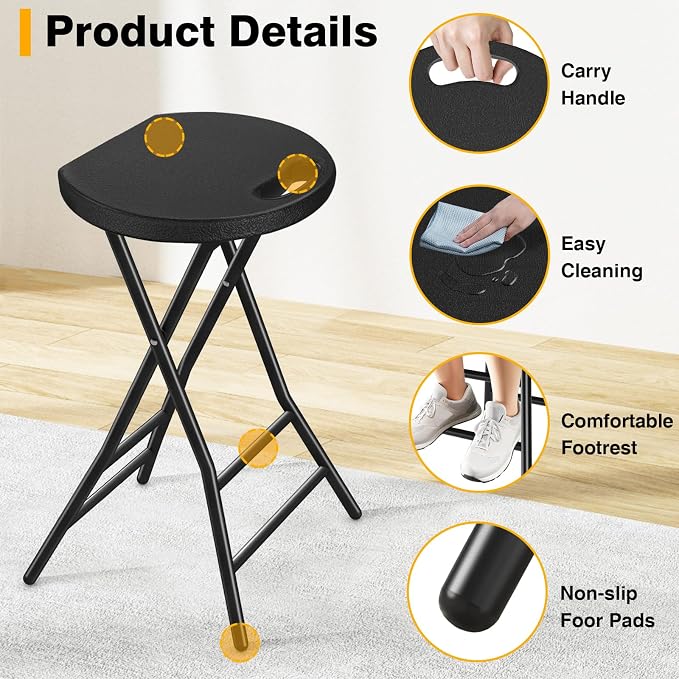 TAVR Furniture Portable Folding Chair with Handle, Heavy Duty Round Fold Stool Chair with 550lbs Capacity for Adults, 24 Inch Foldable Stool for Dorm, Kitchen, Vanity, Church and Outdoor use