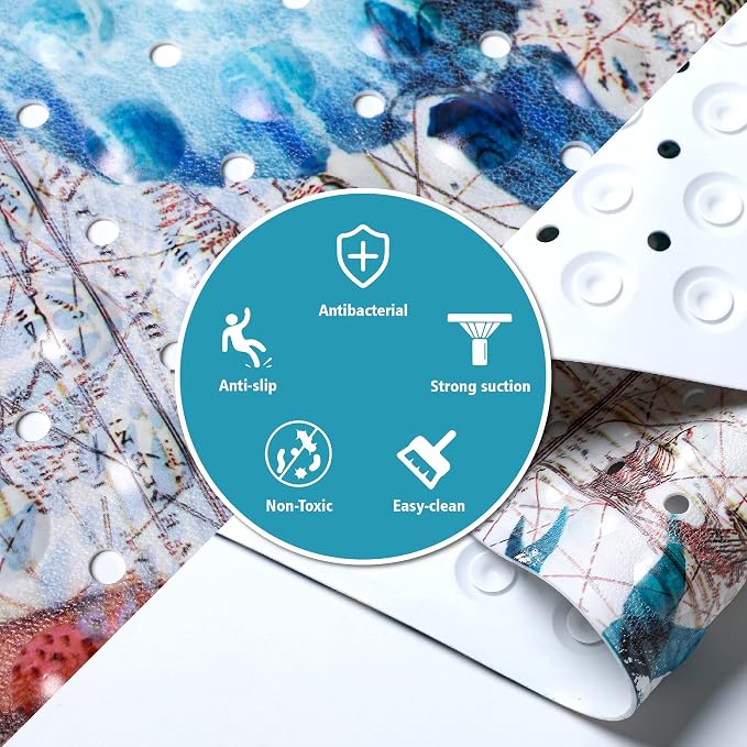 MOLFUJ Non Slip Bathtub Mat for Bathroom, 40 X 16 Inch Sea Turtle Bath Tub Mat with Antislip Suction Cups and Drain Holes, Blue Long Shower Mats for Baby Tub
