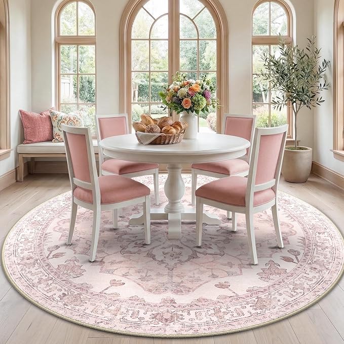 RELEANY Area Rugs Round 7ft Washable Non-Slip, Floral Vintage Distress Medallion Carpet for Living Room Bedroom Dining Room, Pink Greypink Cute