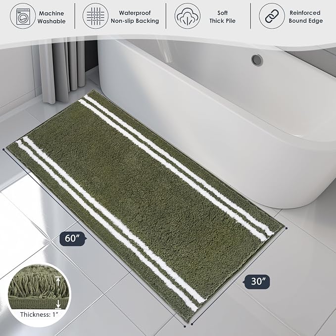 PURRUGS Bathroom Rug Non-Slip Machine Washable 30" x 60", Super Absorbent and Quick Dry Shaggy Microfiber Bath Mat, Extra Soft and Plush Bath Rug for Bathtub, Shower, and Sink, Olive Green