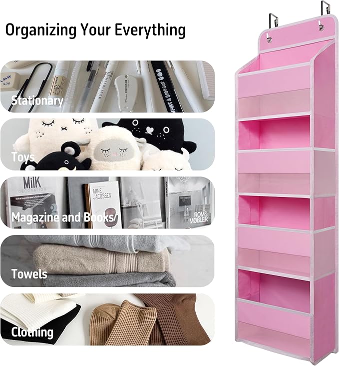 TYMENSH Pink Over Door Organizer with 4 Large Clear Pockets, Hanging Door Storage for Nursery, Bedroom, Bathroom, Closet, Toys, Diapers, Cosmetics, Baby Essentials