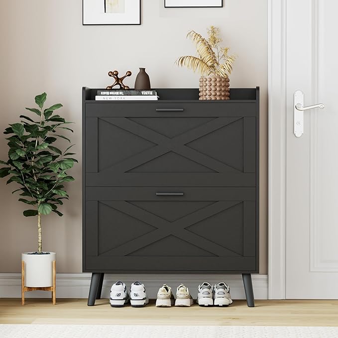 Homleke 32" W Farmhouse Shoe Storage Cabinet with 2 Flip Drawers and Barn Door Design, Adjustable Shelves, Modern Hidden Slim Narrow Shoe Rack Cabinet for Entryway, Foyer, Hallway, Living Room, Black